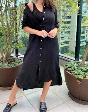 Black Linen Midi Shirt Dress